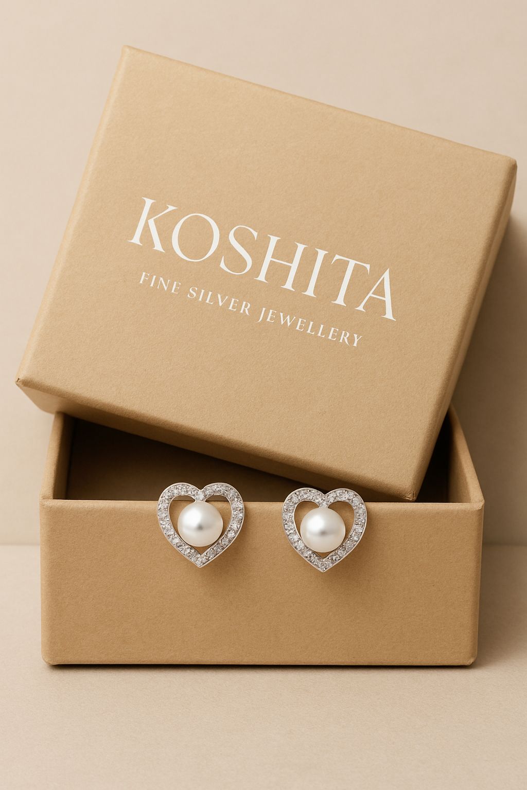 Silver Stud Earrings with Pearl and Heart Design