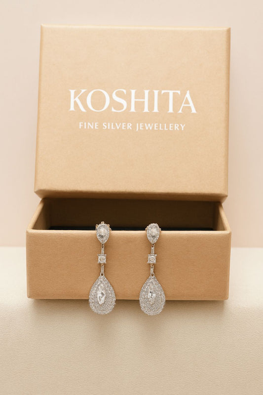 Silver Drop Earrings with Tear-Shaped Zircon Stones
